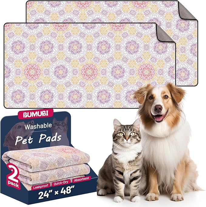 Washable Dog Pee Pads, 24"x48" Reusable Absorbent Dog Pads, Washable, Waterproof & Non-Slip Puppy Pads for Potty Training, Crate, Playpen, Whelping, Mandala Floral Pattern (Pack of 2)