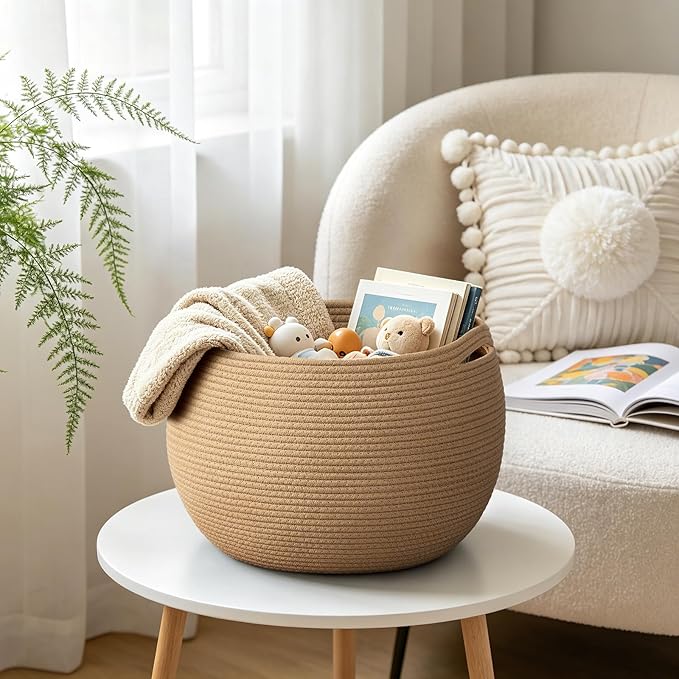 Goodpick Large Toy Storage for Kids, Woven Baby Basket for Nursery Living Room, Empty Decorative Basket for Gifts, Round Storage Baskets for Shelves, Camel, 15.7"D x 10.5"H