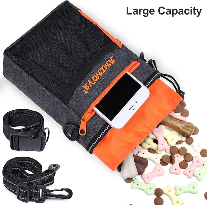 AMZNOVA Dog Treat Bag Treatkit Dog Treat Pouch, Waist Clip On Crossbody Fanny Pack for Pet, Training Pouch with Shoulder Strap & Waist Belt for Walking & Training, 6Cups, Heather Black