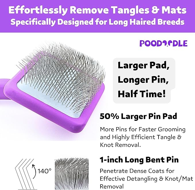 Poodoodle Small Slicker Brush, Purple, Hair Brush for Curly Wavy Haired Dogs - Poodles, Doodles, Bichon, Bernese Mountain Dog, Cocka Spaniels - Detangling, Grooming, Deshedding - 1 inch