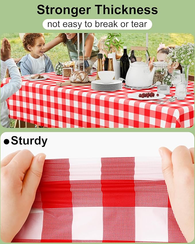 Smiry 12 Packs Gingham Disposable Table Cloth, 54 x 108 Inch Waterproof Plastic Tablecloth, Rectangle Red and White Checkered Table Covers for Picnic, Picnic, Birthday, Party