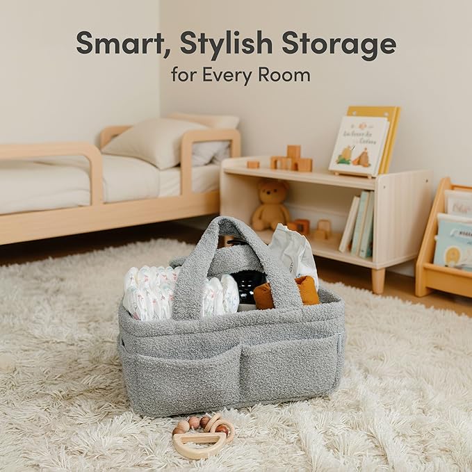 PUTSKA Baby Diaper Caddy Organizer for Changing Table – Stylish Nursery Storage Basket, Newborn Essentials, Baby Shower Gifts and Registry Must-Haves for Boy or Girl, Car Diaper Caddy, Fleece Grey