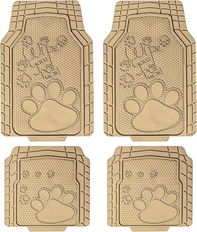 FH Group Car Floor Mats - Adorable Paw Print, Heavy-Duty Rubber Mats, Universal Fit Full Set, Climaproof, Trimmable, Fit Most Sedan, SUV, Truck - Beige