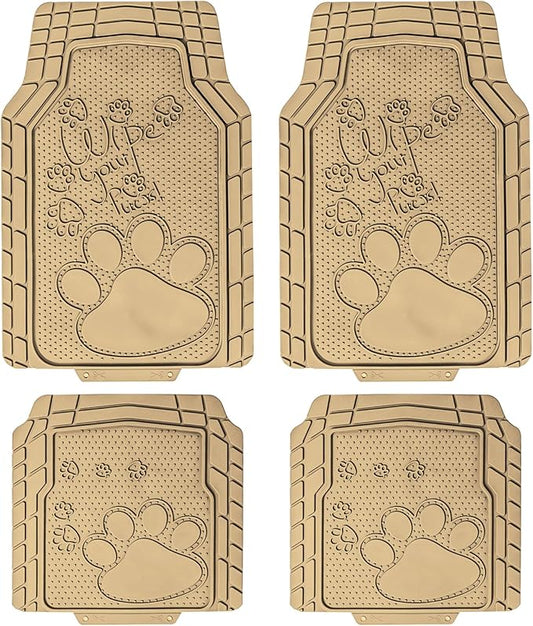 FH Group Car Floor Mats - Adorable Paw Print, Heavy-Duty Rubber Mats, Universal Fit Full Set, Climaproof, Trimmable, Fit Most Sedan, SUV, Truck - Beige