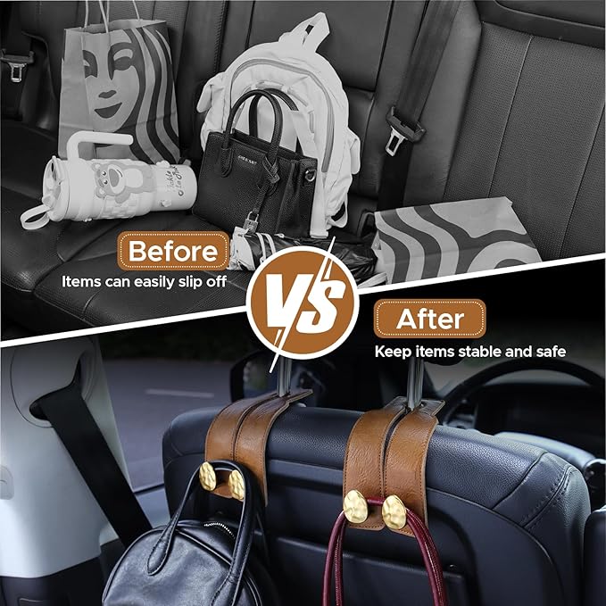 4 PCS Leather Car Seat Hooks for Headrest, Vehicle Hanger Storage Organizer Universal for Handbag Purse, Car Accessories Gift (Brown-Gold-4 PCS)