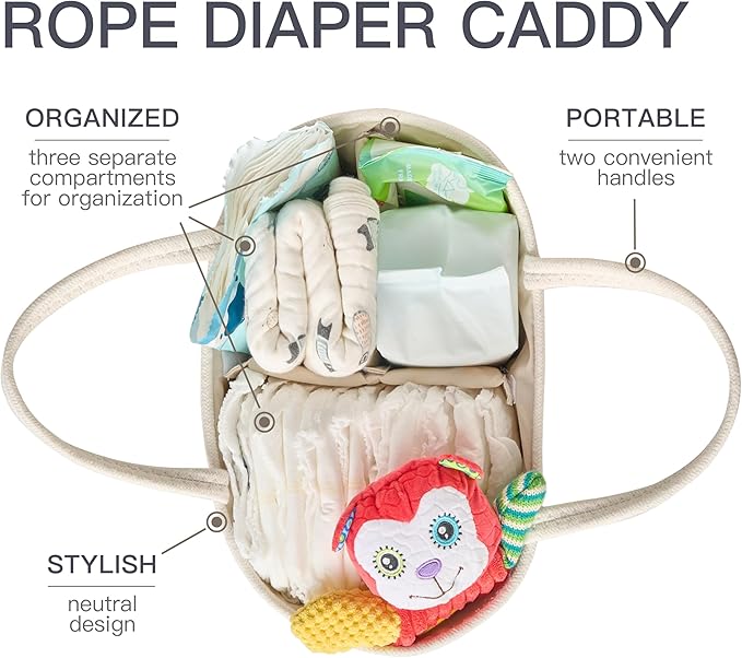 Diaper Caddy Organizer, Empty Gift Basket for Newborn Essentials, Baby Storage Basket, Stylish Gift Bag for Baby Shower, Boys and Girls - Small, White&Beige Brown