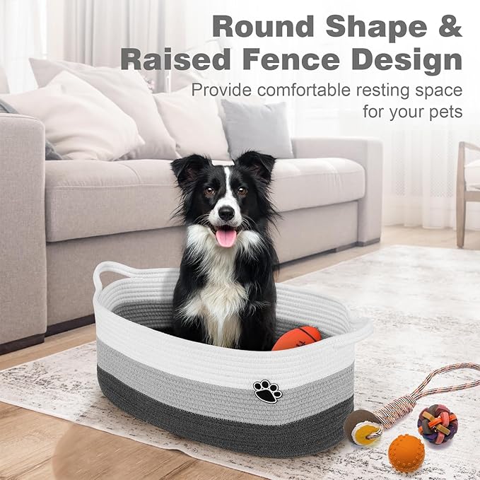 Dog Toy Basket, Toy Box and Bin for Dog Cat Storage, 19.7" X 11" X 7.9" (30L) Large Woven Basket for Blanket Storage, Rope Baskets for Living Room, Bedroom, White & Grey