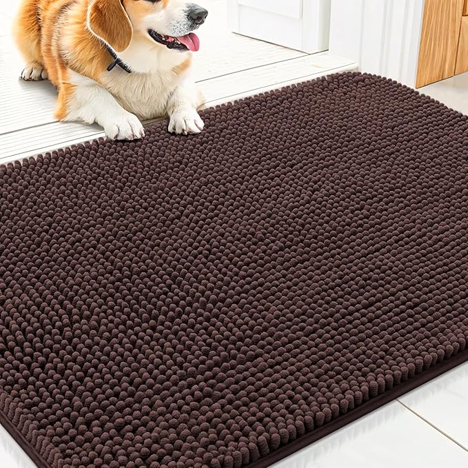 Smiry Dog Door Mat for Muddy Paws 30x17, Absorbs Moisture and Dirt Doormat, Non-Slip Washable Quick Dry Chenille Front Door Mat Indoor Entrance, Entryway Carpet for Inside Floor, Brown