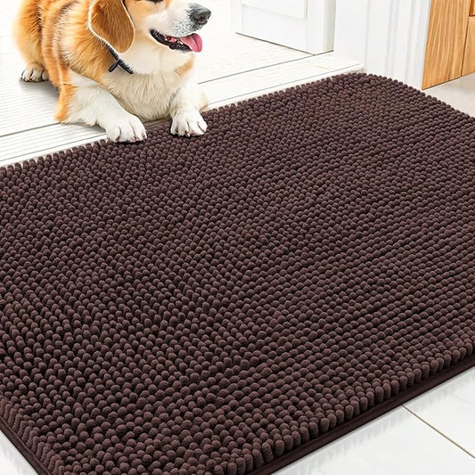 Smiry Dog Door Mat for Muddy Paws 30x17, Absorbs Moisture and Dirt Doormat, Non-Slip Washable Quick Dry Chenille Front Door Mat Indoor Entrance, Entryway Carpet for Inside Floor, Brown