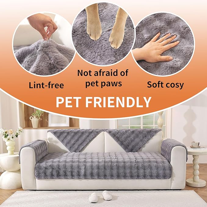 Waterproof Dog Bed Cover Non Slip Couch Covers for Dogs Washable Soft Faux Fur Sofa Cover Couch Covers for 2 Cushion Couch Sofa Pet Friendly (Grey)