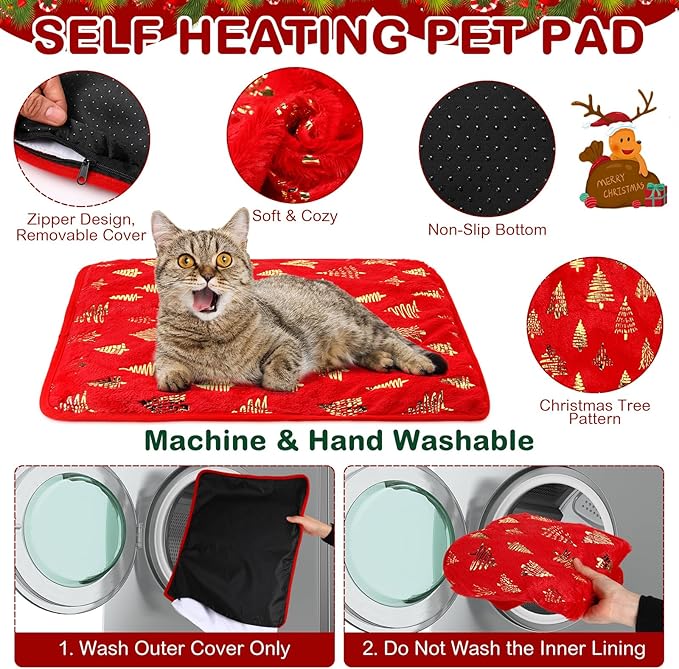 Clysee 4 Pack Self Heating Cat Bed Cat Self Warming Pad with Removable Cover Extra Warm Thermal Pet Pad Washable Pet Crate Mat Anti Slip Kennel for Indoor Outdoor Pets (Christmas Tree,16 x 20 Inches)