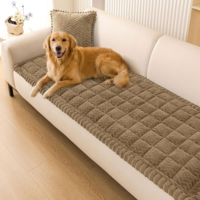 Smiry Non Slip Couch Covers for Dogs, Fuzzy Pet Couch Covers for 3 Cushion Sofa Pet Friendly, Soft Sofa Slipcovers Cushion Furniture Protector Washable (Mocha Brown, 35.4" x 88")