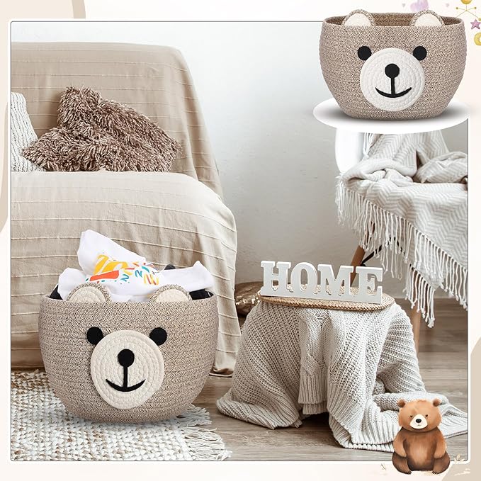 Zopeal Bear Basket 13" D x 9.5" H for Nursery Cotton Rope Woven Cute Storage Basket with Handles Animal Hamper for Baby Shower Laundry Bathroom Home Decorative