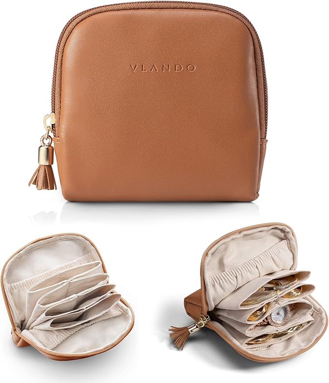 Vlando Small Travel Jewelry Case,Jewelry Pouch Bags with Zipper,Velvet Jewelry Organizer Storage Bag for Bracelet Rings Earring-Brown