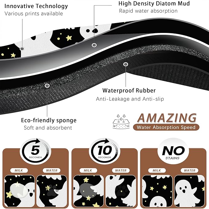 Halloween Pet Feeding Mat,Ghosts Absorbent Quick-Dry Cat Dog Food and Water Bowl Mats,Non-Slip Rubber Backing Mat,Cat Dog Accessories Supplies 12"x20"
