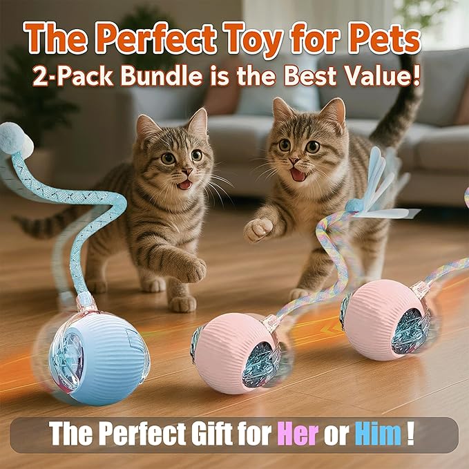 Lila Layers 2-Pack Interactive Cat Ball Toys – Pink & Blue Combo – Automatic Rolling Balls with Long Tail & Feather, 3-Modes & USB Rechargeable for Indoor Cats