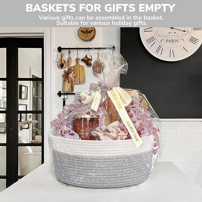 CHICVITA Gift Basket Empty to Fill, Woven Baskets for Storage, Rope Decorative Baskets with Gift Bags & Ribbon for Baby Girl, Dog Toy Storage, 13.6"x 10" x 6", Grey
