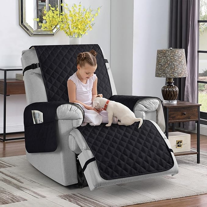 TAOCOCO Waterproof Recliner Chair Covers with Leg Strap 1 Piece Oversized Recliner Covers for Large Recliner for Pets Kids, Washable Reclining Chair Furniture Protector(28'' Oversized, Black)