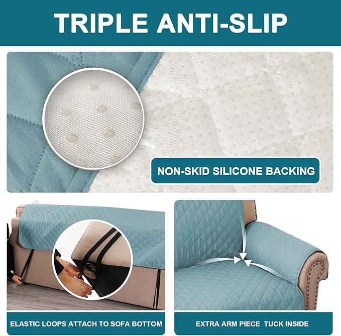 Turquoize 100% Waterproof Sofa Covers Couch Cover Sofa Cover for Dogs Couch Protector Triple Non-Slip Sofa Slipcover for 3 Cushion Couch Furniture Protector for Pets, Kids (XL Sofa 78", Stone Blue)