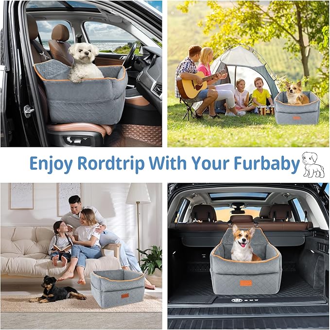 GL GLENSLAVE Dog Car Seat for Small Medium Dogs, Memory Foam Dog Booster Car Seat for Pets Under 35 lbs, Anti-Slip Pet Carseat with 2 Adjustable Leashes, Elevated Dog Travel Bed with Storage Pockets