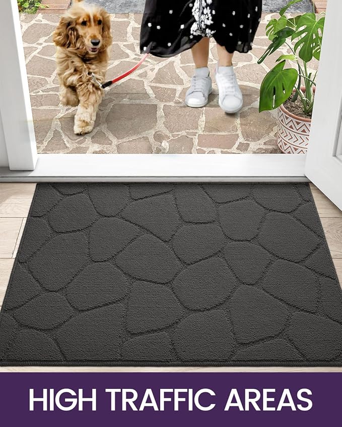 DEXI Front Door Entryway Mat Non Slip, 4x6 ft Washable Inside Entrance for House Floor Low Profile, Thin Entry Doormat Absorbent Dirt Trapper, Pebble Grey
