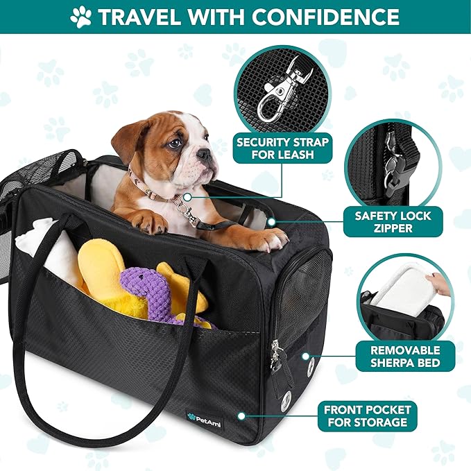 PetAmi Dog Purse Carrier for Small Dogs, Airline Approved Soft Sided Pet Carrier with Pockets, Ventilated Dog Carrying Bag for Puppy Cat, Dog Travel Supplies Bag, Sherpa Bed, Max 12 lbs, Black