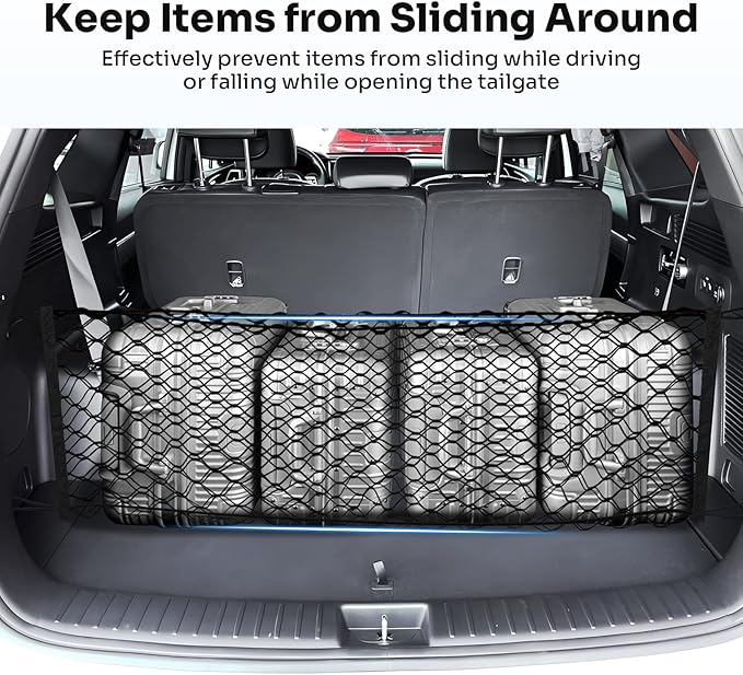 Trunk Cargo Net for 2014-2025 2026 Kia Sorento Accessories Envelope Style Mesh Trunk Net Organizer and Storage Stretchable Adjustable Elastic Nylon Rear Cargo Netting with Hooks
