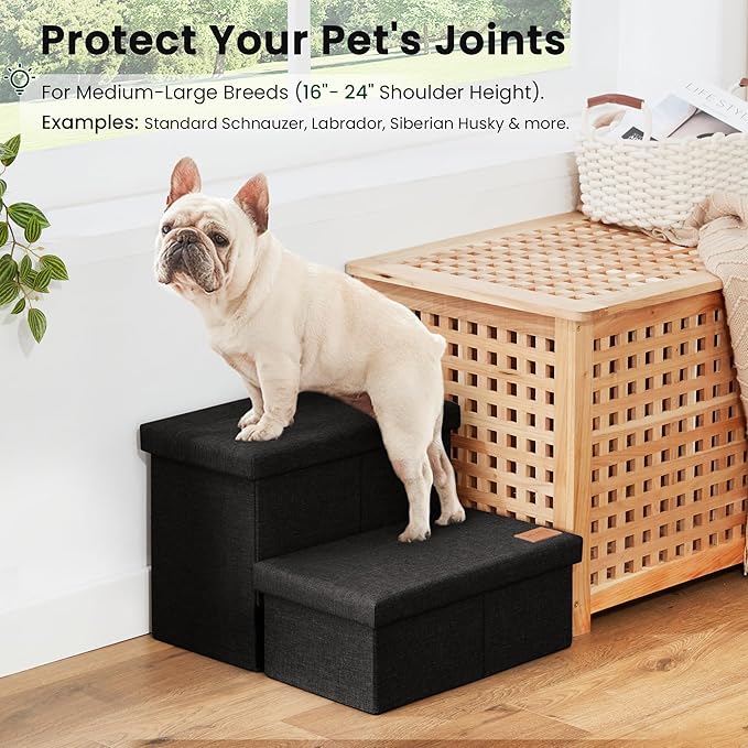 Love's cabin Dog Stairs with Storage 13" H,Foldable Pet Stairs for Small Medium or Large Dogs,Cat Puppy Steps Ramp with Zip up to 150 lbs(Black,2 Steps no Condo)