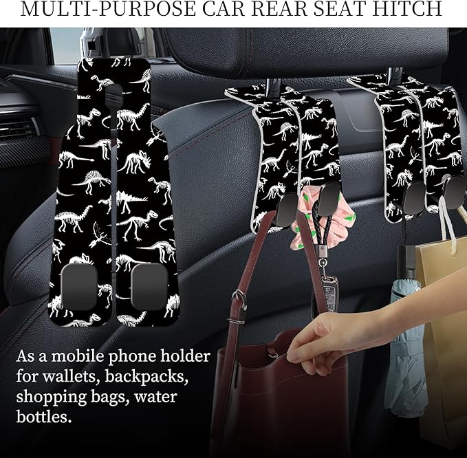 PU Leather Car Seat Hook, Storage Headrest Hanger, Cute Car Backseat Organizer, Car Hooks For Purses and Bags Black White Dinosaur
