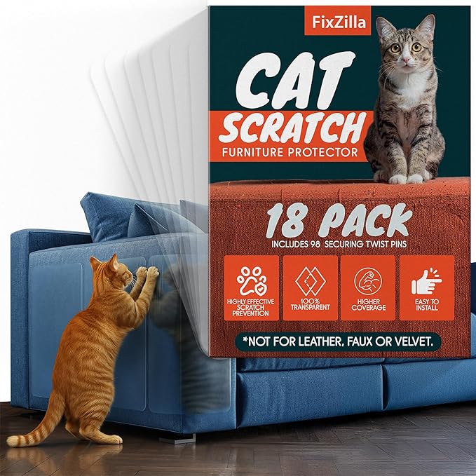 Anti Cat Scratch Furniture Protector, 18-Pack Couch Protector from Cat Claws – Heavy-Duty, Easy-to-Apply Scratching Deterrent and Shield for Sofa Corners, Walls, Doors- with 98 Twist Pins