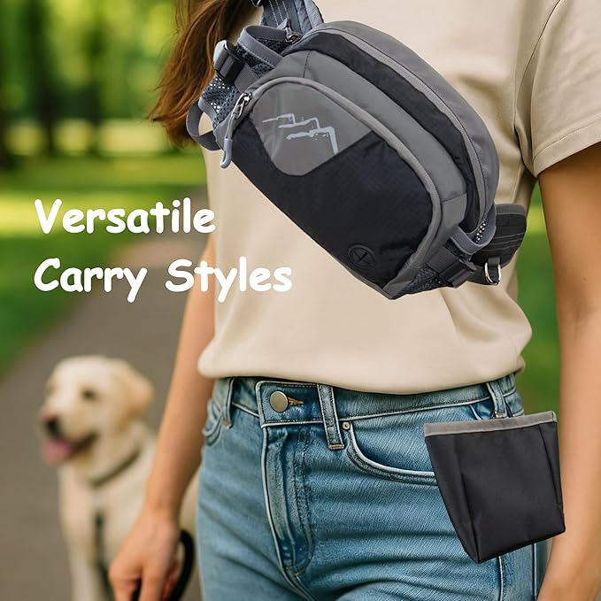 Dog Walking Fanny Pack with Removable Treat Pouch & 2 Retractable Water Bottle Holders, No Spill Magenetic Clasp - Hands-Free Pouches Training Waist Bag for Dog Owners, Poop Bag Dispenser