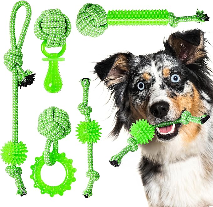 Puppy Toys 5 Pack for High Energy Puppies,Puppy Teething Toys Rubber and Rope,Durable Dog Chew Toys for Aggressive Chewers,Tug of War Dog Toys,Puppy Chew Toys for Teething