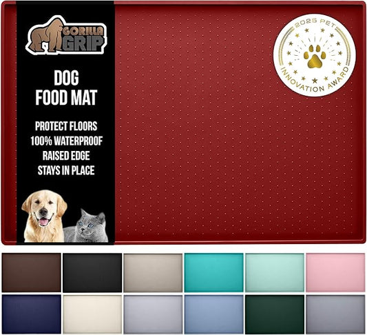 GORILLA GRIP 100% Waterproof Raised Edge BPA Free Silicone Pet Feeding Mat, Dog Cat Food Mats Contain Spills Protects Floors, Placemats for Cats and Dogs Water Bowl, Pets Accessories 18.5x11.5 Red