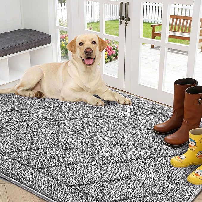 REFETONE Indoor Doormat, Front Back Door Mat 32"x40" Rubber Backing Non Slip Mats, Absorbent Washable Entrance Doormat for Entryway, Resist Dirt Low-Profile Inside Floor Mat for Muddy Shoes Light Grey