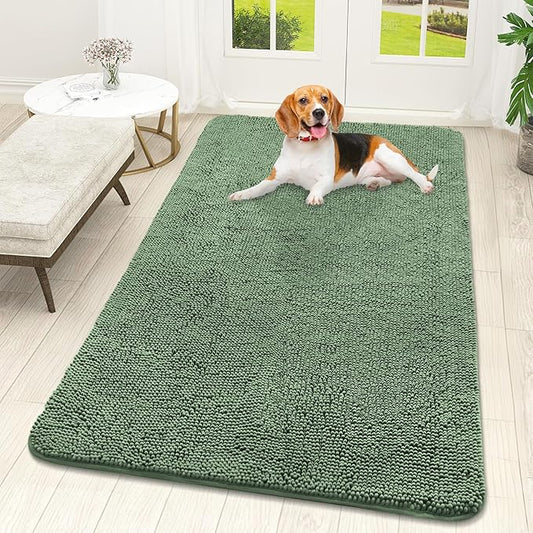 OLANLY Dog Door Mat for Muddy Paws 59x32, Absorbs Moisture and Dirt, Absorbent Non-Slip Washable Doormat, Quick Dry Chenille Mud Mat, Entry Indoor Entryway Carpet for Inside Floor, Olive Green