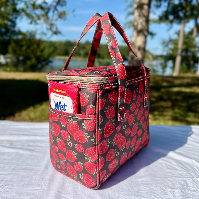 Kwang Min Floral Insulated Lunch Bag for Women,Reusable Lunch Box,Large Cooler for Office,Picnic Outdoors,Premium Quality Waterproof Fabric,Ideal Gift for Outdoors and Work (Chocolate Strawberry)