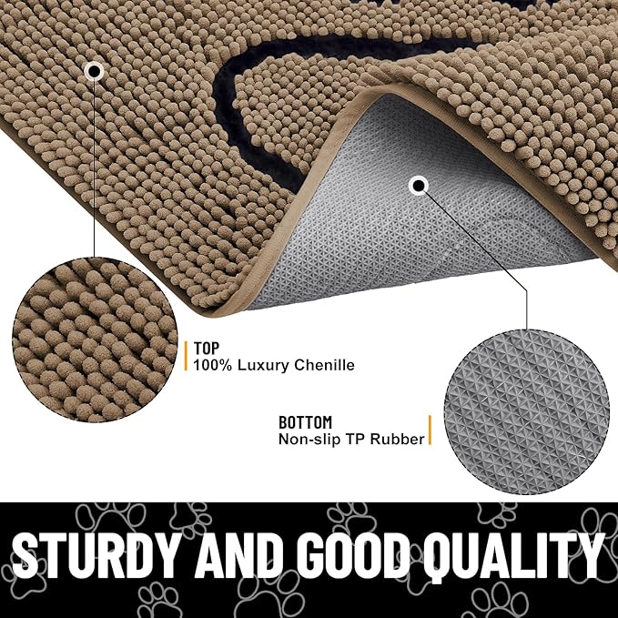 Smiry Dog Door Mat for Muddy Paws, Absorbent Dirt Trapper Non Slip Quick Dry Washable Chenille Mat for Mud Dogs, Entry Rug for Indoor and Outdoor (45x27 Inches, Camel and Black)