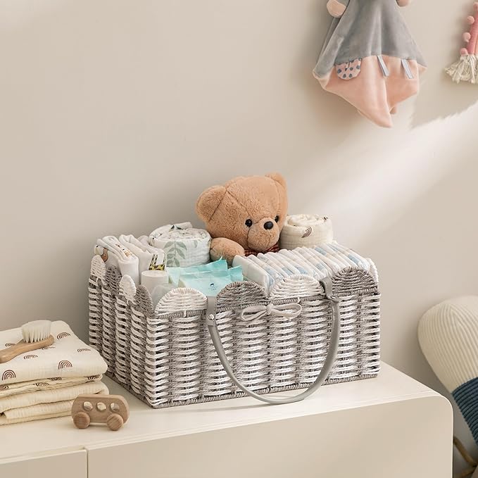 HBlife Baby Diaper Caddy, Paper Rope Storage Baskets Nursery Bin with Removable Divider, Portable Car Organizer for Diapers, Baby Shower Gifts, Newborn Essentials Must Haves