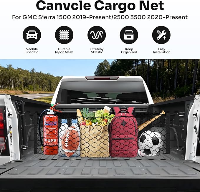 Truck Bed Cargo Net for 2019-2025 2026 GMC Sierra 1500/2020-2026 Chevy Silverado 2500 3500 Accessories Envelope Style Mesh Trunk Net Organizer and Storage Stretchable Nylon Rear Cargo Netting