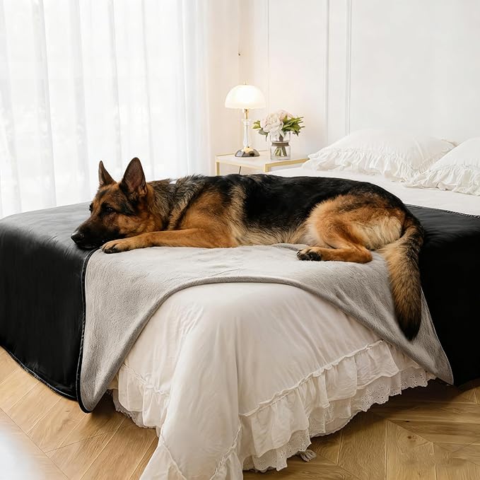Waterproof Dog Blanket for Bed, Reversible Pet Couch Throw Blankets Leak Proof Sofa Protector for Furniture Machine Washable-82x120,Black+Lightgrey