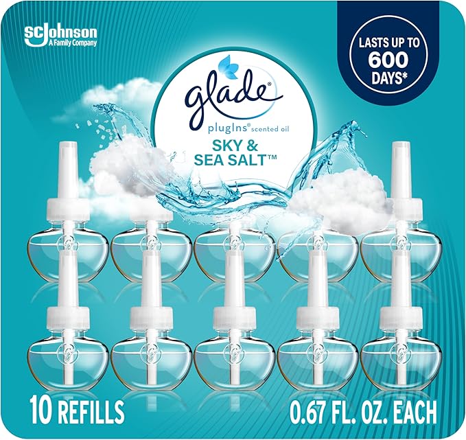 Glade PlugIns Refills Air Freshener, Sky & Sea Salt, Scented and Essential Oils for Home and Bathroom, 0.67 Fl Oz, 10 Count