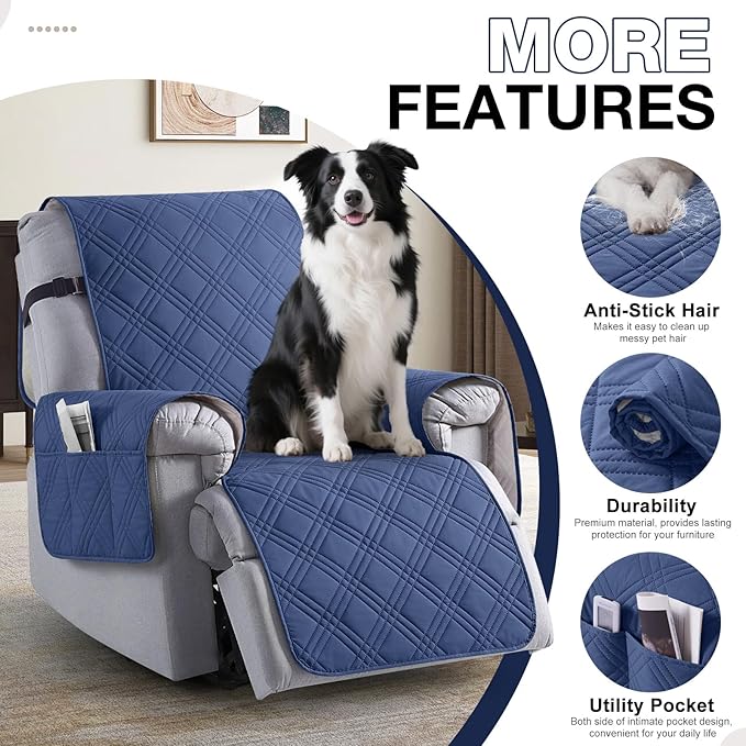 TAOCOCO 100% Waterproof Recliner Chair Covers, Non Slip Recliner Covers for Recliner Chair with Pocket, Washable Reclining Chair Cover Furniture Protector for Kids,Dogs(25'', Ocean Blue)