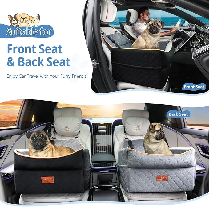 GL GLENSLAVE Dog Car Seat for Small Medium Dogs, Memory Foam Dog Booster Car Seat for Pets Under 35 lbs, Anti-Slip Pet Carseat with 2 Adjustable Leashes, Elevated Dog Travel Bed with Storage Pockets