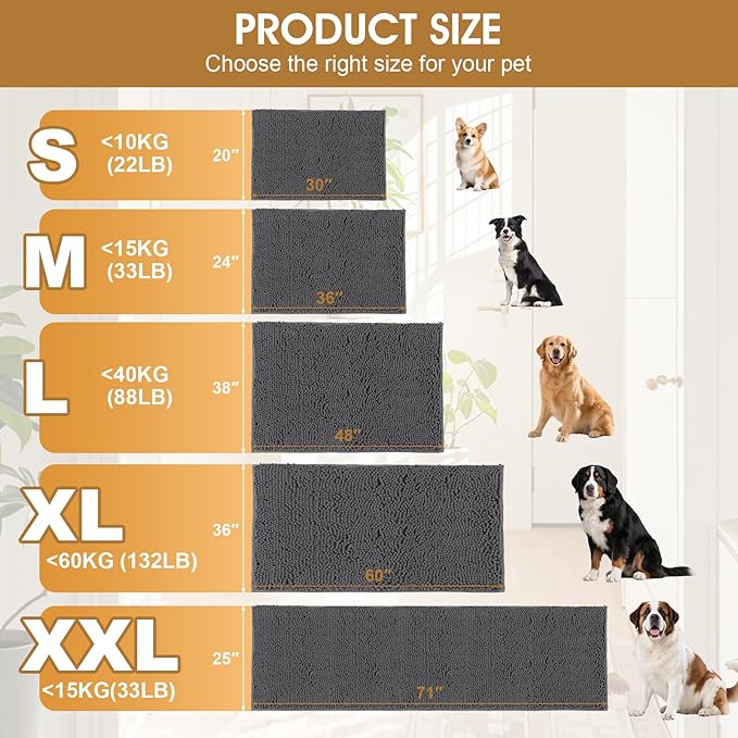 2 Pieces Muddy Door Mats for Dogs, 36" X 24"Chenille Absorbent Doormat, Trap Dirt Non Slip Heavy Indoor Doormat Soft Dog Bed Mat Front Inside Door Mat for Indoor Outdoor Entrance,Grey