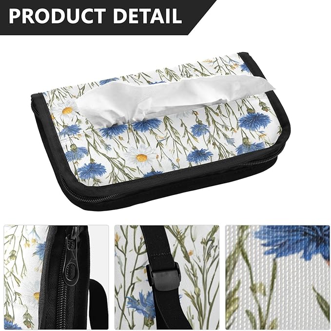 Car Tissue Holder Car Napkin Holder Car Tissue Box Dispenser Storage Case Sun Visor Mask Holder with Adjustable Straps Reusable Refillable Blue and White Daisy03