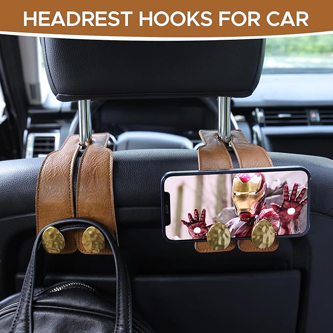 4 PCS Leather Car Seat Hooks for Headrest, Vehicle Hanger Storage Organizer Universal for Handbag Purse, Car Accessories Gift (Brown-Gold-4 PCS)