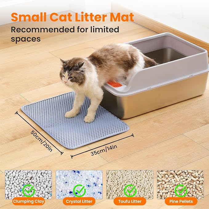 Small Cat Litter Mat, 20x14 Inches Double Layer Honeycomb Cat Litter Trapping Mat, Non Slip Waterproof Urine Proof Litter Box Mat for Floor, Kitty Litter Rug, Pet Supplies, Blue
