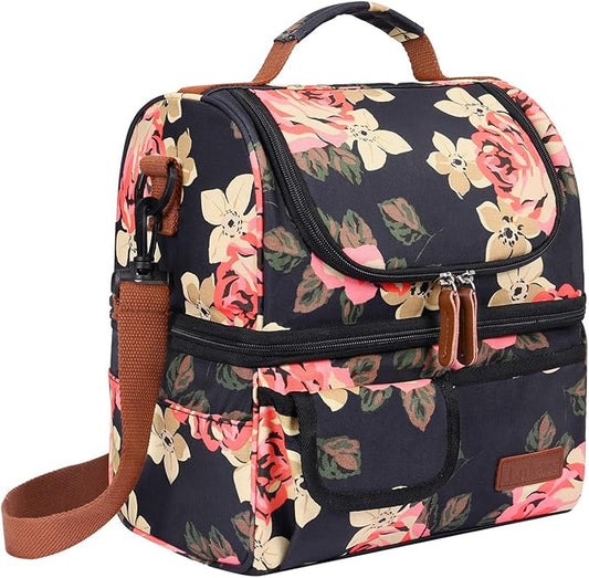 LOKASS Lunch Bag Women Double Deck Insulated Lunch Box Large Cooler Tote Bag with Removable Shoulder Strap Wide Open Thermal Meal Prep Lunch Organizer Box for Adults Work/Outdoor, Black Peony