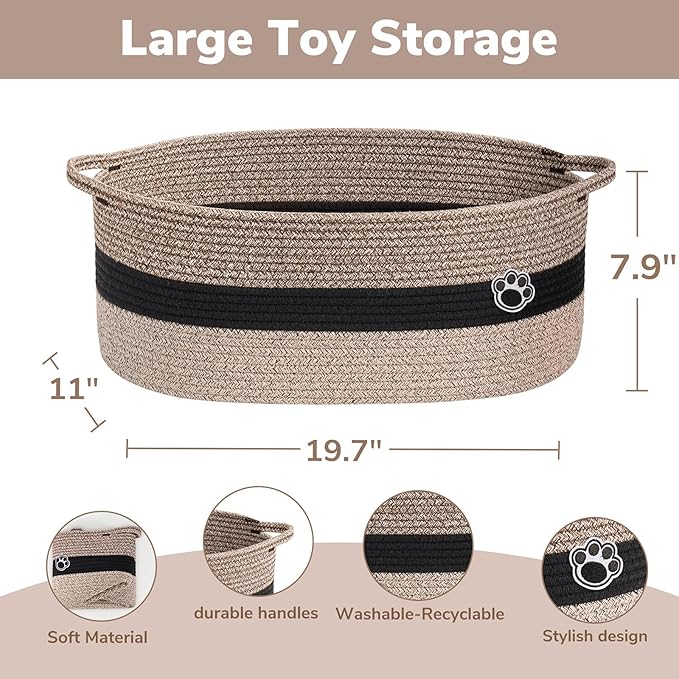Large Dog Toy Basket, 19.7" X 11" X 7.9" Pet Toy Box Woven Rope Basket for Cat Toys, Baby Gift Basket for Living Room Nursery, Brown Mix