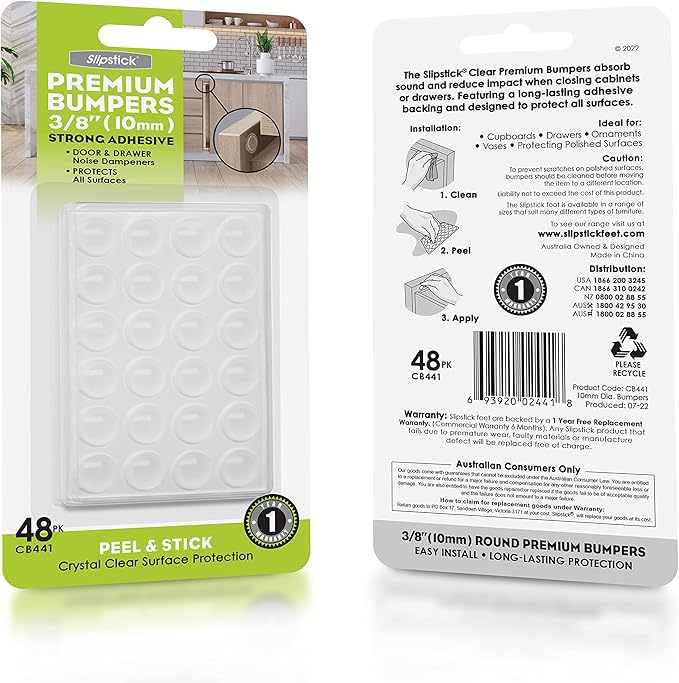 Slipstick Premium Cabinet Door Bumpers 3/8” Round Clear Adhesive Pads, Cabinet Stoppers, Rubber Bumpers for Drawers, Cupboards, Cutting Boards, Glass Tops, Picture Frames, Furniture, 48 Dampers